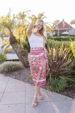 Josephine High Waisted Paisley Print Wrap Midi Skirt Pink -Layer Outfit 29604507615334 7