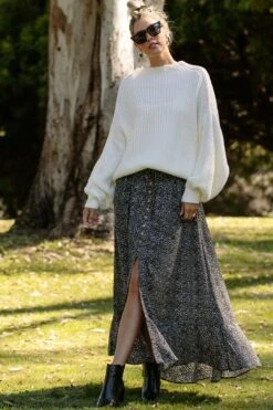 Black Ditsy Floral Hi-Low Button Front Maternity Skirt -Layer Outfit 29612625264694 4