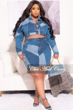 Final Sale Plus Size 2pc Crop Jacket And Skirt Set In Blue Denim Patchwork -Layer Outfit 29640452112489 3