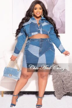 Final Sale Plus Size 2pc Crop Jacket And Skirt Set In Blue Denim Patchwork