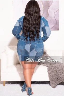 Final Sale Plus Size 2pc Crop Jacket And Skirt Set In Blue Denim Patchwork -Layer Outfit 29640452440169 6