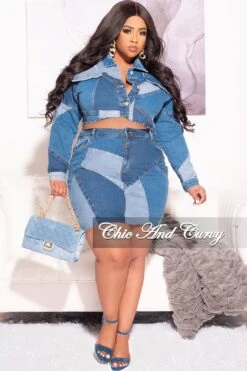 Final Sale Plus Size 2pc Crop Jacket And Skirt Set In Blue Denim Patchwork -Layer Outfit 29640452472937 4