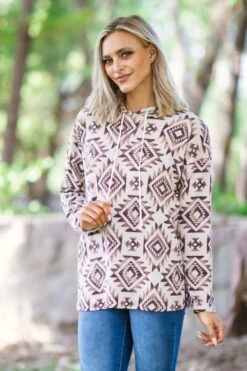 Taupe And Tan Aztec Print Hooded Top