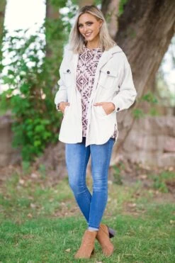 Taupe And Tan Aztec Print Hooded Top -Layer Outfit 29667208691775 3