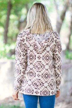 Taupe And Tan Aztec Print Hooded Top -Layer Outfit 29667209150527 4