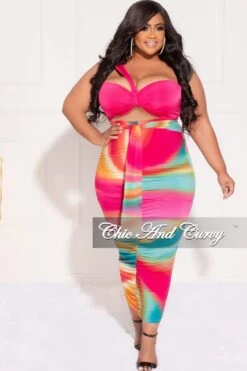 Final Sale Plus Size 2pc One Shoulder Twist Front Bra Top And Skirt In Fuchsia Multi Color Tie Dye Print -Layer Outfit 29690678444137 6