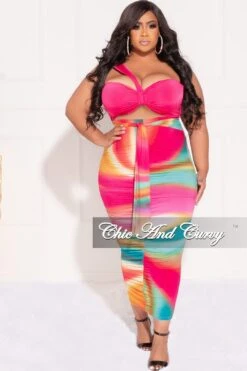 Final Sale Plus Size 2pc One Shoulder Twist Front Bra Top And Skirt In Fuchsia Multi Color Tie Dye Print -Layer Outfit 29690678542441 3