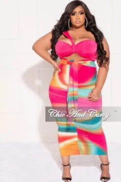 Final Sale Plus Size 2pc One Shoulder Twist Front Bra Top And Skirt In Fuchsia Multi Color Tie Dye Print -Layer Outfit 29690678575209 9