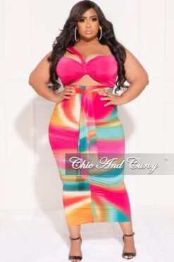Final Sale Plus Size 2pc One Shoulder Twist Front Bra Top And Skirt In Fuchsia Multi Color Tie Dye Print -Layer Outfit 29690678706281 7