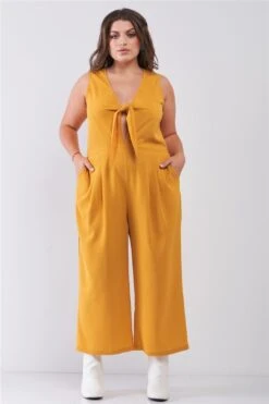 Sleeveless V-neck Self-tie Front Detail Wide Leg Jumpsuit