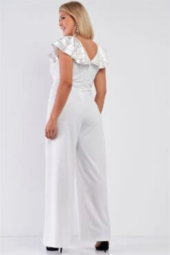 Plus Sleeveless Satin Ruffle Shoulder Detail V-neck Wide Leg Jumpsuit -Layer Outfit 29700582473911 3