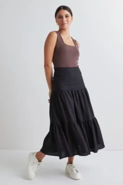 Among The Brave Blazing Tiered Linen Midi Skirt - Black -Layer Outfit 29718285058142 3