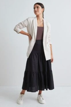 Among The Brave Blazing Tiered Linen Midi Skirt - Black -Layer Outfit 29718285189214 4