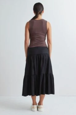 Among The Brave Blazing Tiered Linen Midi Skirt - Black -Layer Outfit 29718285221982 5