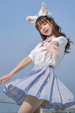 JK Uniform Pastel Blue Plaid Mini Skirt -Layer Outfit 29747101335744 3