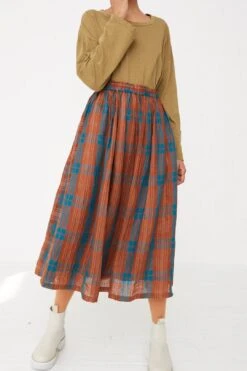 Linen Check Skirt In Brown X Blue 10 Linen Check Skirt In Brown X Blue -Layer Outfit 29761233748053 3