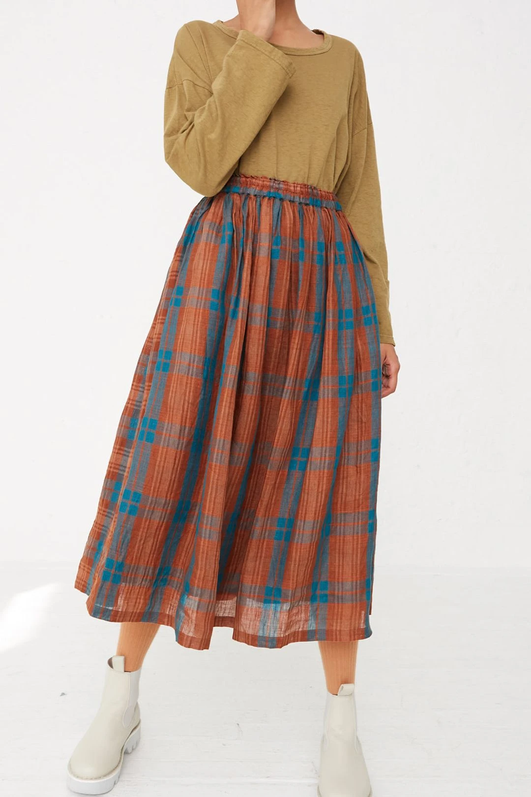 Linen Check Skirt In Brown X Blue 5 Linen Check Skirt In Brown X Blue - Image 3