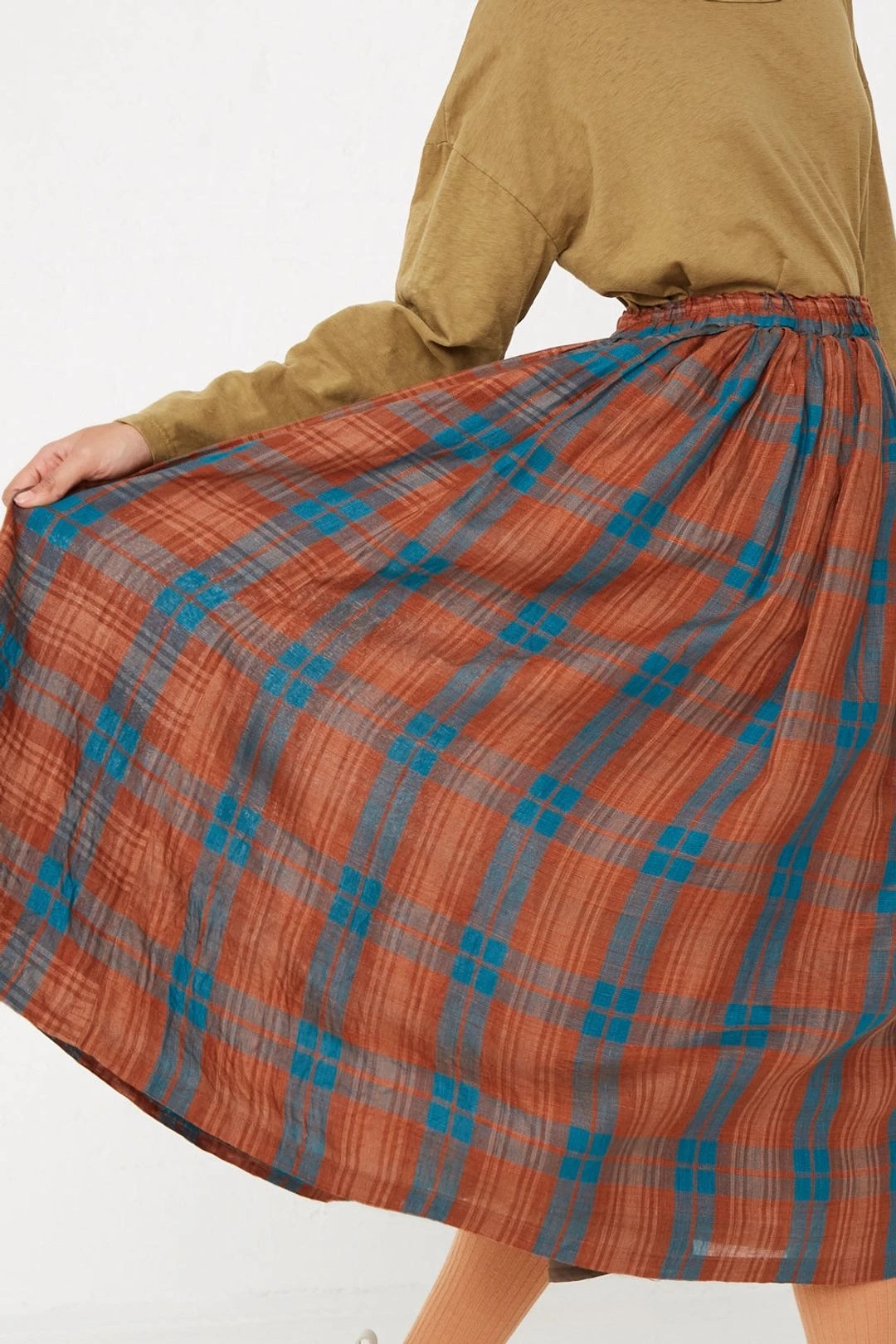 Linen Check Skirt In Brown X Blue 3 Linen Check Skirt In Brown X Blue