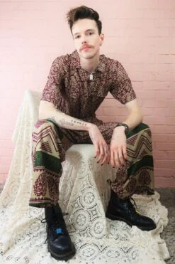 Billie Jumpsuit - Vintage Indian Sari - Boysenberry With Champagne Botanical Print - M/L