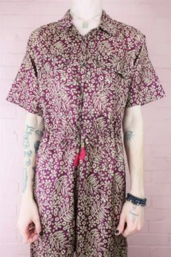Billie Jumpsuit - Vintage Indian Sari - Boysenberry With Champagne Botanical Print - M/L -Layer Outfit 29801609199670 4