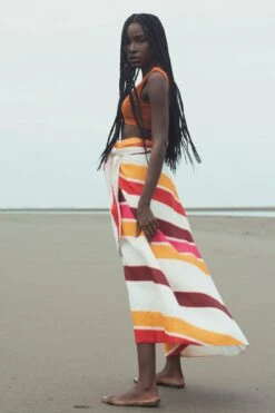 Loulou Linen Reversible Skirt Fucsia Stripes/Ivory