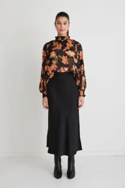 Among The Brave Embrace High Neck Shirred Puff Sleeve Top - Black Marigold