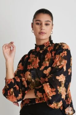 Among The Brave Embrace High Neck Shirred Puff Sleeve Top - Black Marigold -Layer Outfit 29830031147102 4