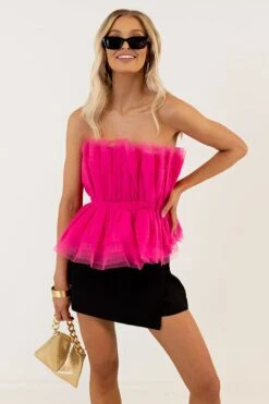 Gorgeous And Glam Tulle Peplum Top In Hot Pink