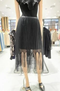 Egoist Fringe Lace Mixed Mesh Pleated Skirt EM2JS609