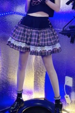 Pink Gothic Princess Plaid Ruffle Mini Skirt