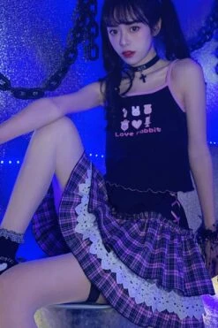 Pink Gothic Princess Plaid Ruffle Mini Skirt -Layer Outfit 30040910627008 5