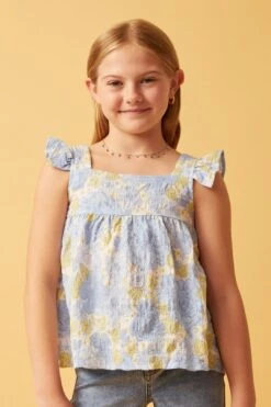 Textured Floral Button Back Ruffle Tank