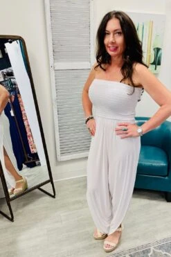 Beach To Bar Bandeau Drape Jumpsuit - White -Layer Outfit 30063273443408 7