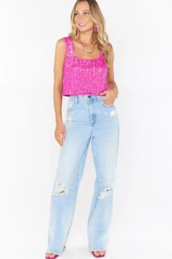 Show Me Your Mumu Tara Crop Top ~ Pink Disco Sequin -Layer Outfit 30066418450475 6