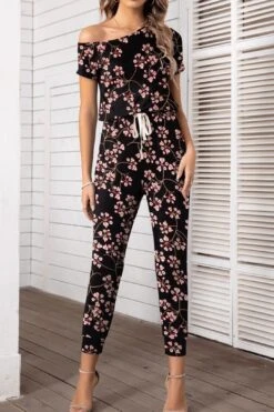 Asymmetrical Neck Short Sleeve Jumpsuit -Layer Outfit 30090909089866 3