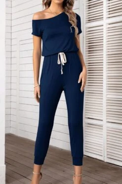 Asymmetrical Neck Short Sleeve Jumpsuit -Layer Outfit 30090909122634 4