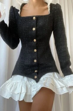 SANE Tweed Dress & Skirt Set In Black