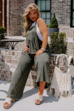 Happy Sanctuary Wide Leg Jumpsuit In Army Green Curves 8 Happy Sanctuary Wide Leg Jumpsuit In Army Green Curves -Layer Outfit 30117562712138 2
