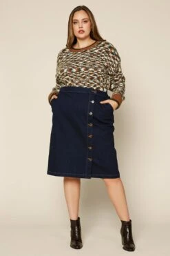 Plus Size - Button Denim Midi Skirt