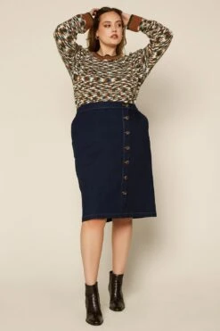 Plus Size - Button Denim Midi Skirt -Layer Outfit 30224656531633 3