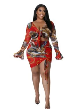 Final Sale Plus Size 2pc Set Sheer Bell Sleeve Crop Tie Top & Ruched Draw String Skirt In Red Multi Print -Layer Outfit 30252591022185 10