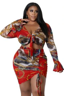 Final Sale Plus Size 2pc Set Sheer Bell Sleeve Crop Tie Top & Ruched Draw String Skirt In Red Multi Print -Layer Outfit 30252591120489 13