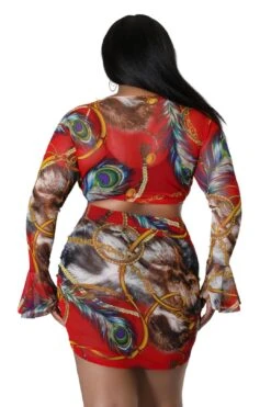 Final Sale Plus Size 2pc Set Sheer Bell Sleeve Crop Tie Top & Ruched Draw String Skirt In Red Multi Print -Layer Outfit 30252591153257 14