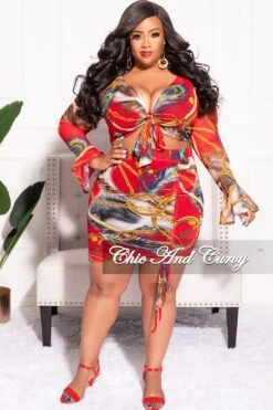 Final Sale Plus Size 2pc Set Sheer Bell Sleeve Crop Tie Top & Ruched Draw String Skirt In Red Multi Print