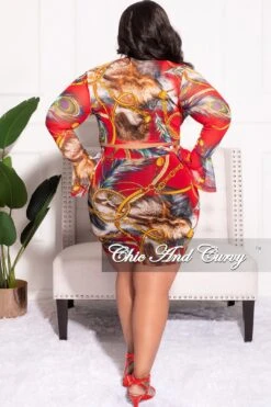Final Sale Plus Size 2pc Set Sheer Bell Sleeve Crop Tie Top & Ruched Draw String Skirt In Red Multi Print -Layer Outfit 30252591284329 4