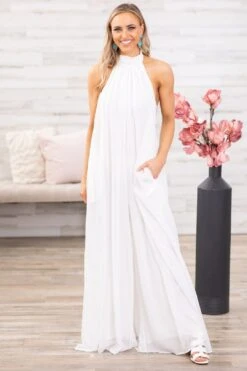 White Pleated Halter Neck Jumpsuit
