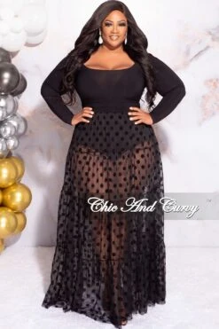 Final Sale Plus Size 2pc Black Bodysuit And Mesh Dot Skirt Set -Layer Outfit 30564407771241 2