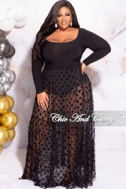 Final Sale Plus Size 2pc Black Bodysuit And Mesh Dot Skirt Set -Layer Outfit 30564407804009 4