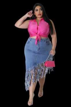 Final Sale Plus Size Fringe Asymmetric Skirt In Denim -Layer Outfit 30613373812841 3