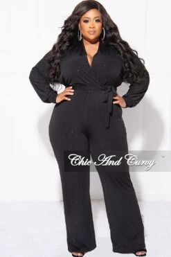 Final Sale Plus Size Faux Wrap Jumpsuit With Tie In Black Glitter -Layer Outfit 30703526641769 3